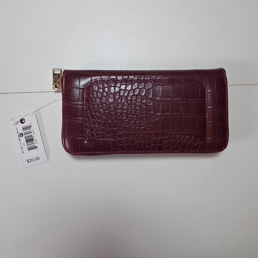 Ophelia Roe Burgundy Croc Embossed Zip Around Wallet Gold Tone Hardware NWT
